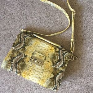 Yellow faux snakeskin cross body purse
